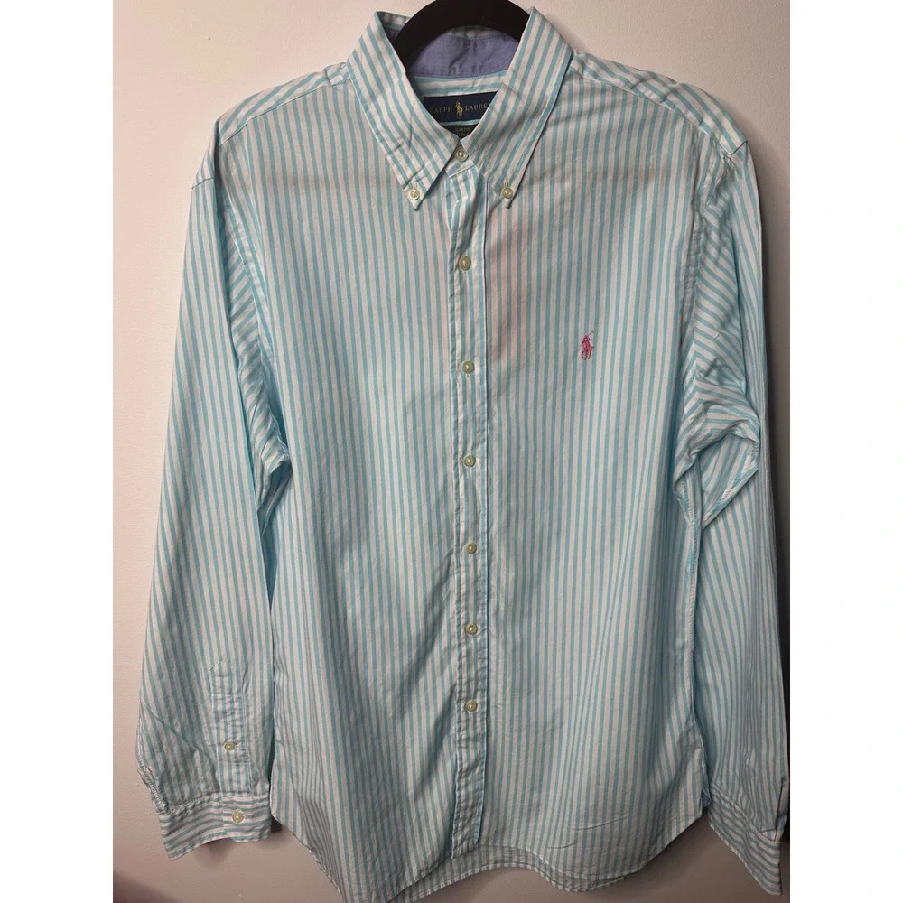 Polo Ralph Lauren Slim Fit Shirt Mens Large Blue White Striped Cotton Pink Pony